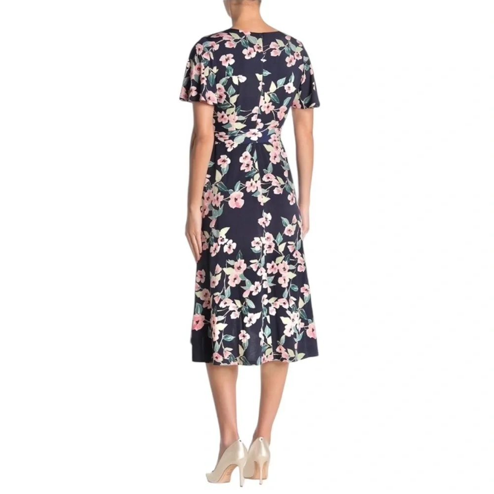 NEW ELIZA J Ditsy Floral Faux Wrap Dress Jersey Knit 12 Surplice Neck Belted